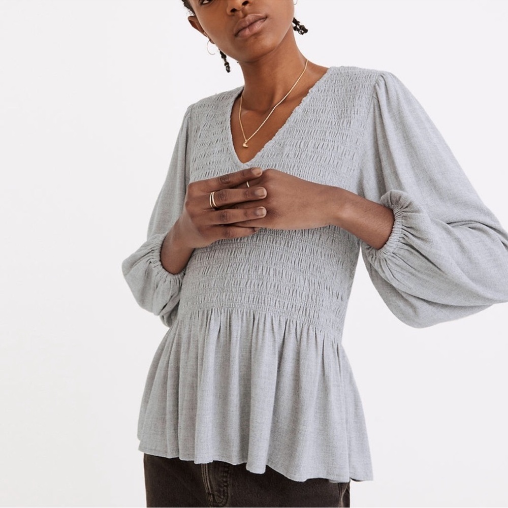 Madewell Lucie V-Neck Smocked Peplum Top in Wool Gauze
